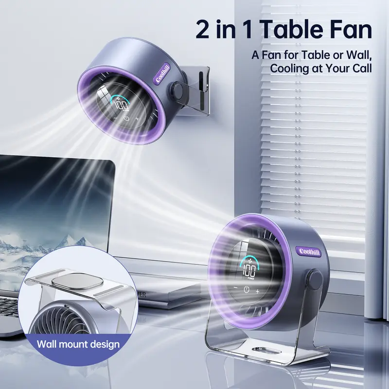 Coolhill Desktop Fan Turbo Table Fan, Travel Vacation Essentials for Office, 100-Speed Digital Display, Low Noise, Rechargeable Battery, Dual Adjustment Modes, Portable Quiet Cooling Fan, Tech Gadgets for Office Work Accessories